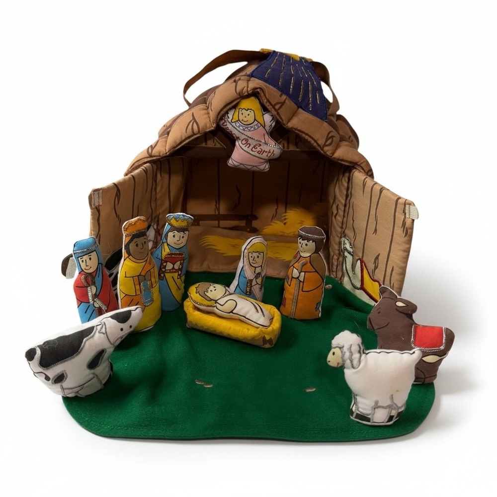 Vintage 1990 Pockets of Learning Fabric Nativity Set Soft Plush Manger 11 Piece